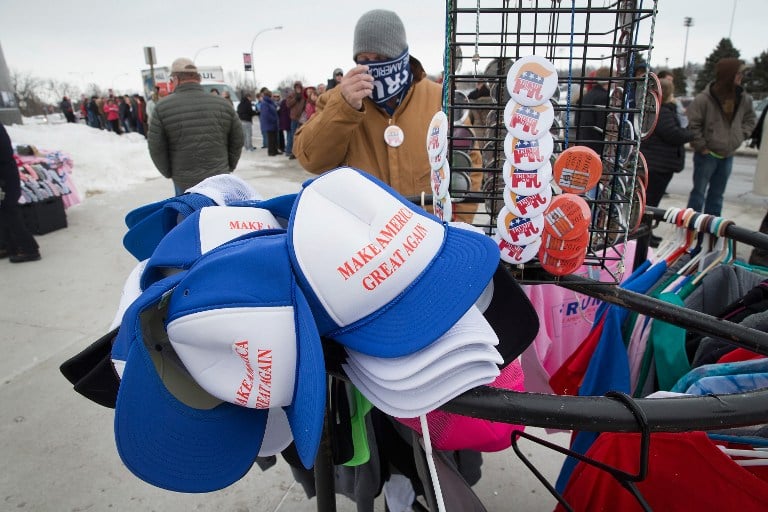 A vendor sells items showing support for Republican presidential candidate Donald Trump before the start of a rally on January 26, 2016 in Marshalltown, Iowa (Scott Olson/Getty Images/AFP)