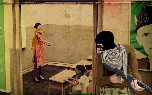 Screenshot from video game "Pakistan Army Revolution" based on 2014 Peshawar school massacre, pulled from Google Play in January 2016 (credit: Google Play) Screenshot from video game "Pakistan Army Revolution" based on 2014 Peshawar school massacre, pulled from Google Play in January 2016 (credit: Google Play)