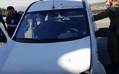 The damaged windshield of the car belonging to a Palestinian man the IDF said attempted to ram into soldiers at a checkpoint on Route 443 on January 31, 2016. (Screen capture: YouTube)