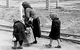 File: An old Jewish woman with children at Auschwitz-Birkenau, May 1, 1944. (Wikipedia/Hannolans/CC BY-SA 3.0 DE)