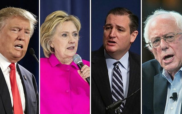 From left, presidential candidates Donald Trump, Hillary Clinton, Ted Cruz and Bernie Sanders. (Getty Images via JTA) From left, presidential candidates Donald Trump, Hillary Clinton, Ted Cruz and Bernie Sanders. (Getty Images via JTA)