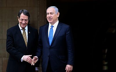 Prime Benjamin Netanyahu shakes hands with Cypriot President Nicos Anastasides outside the presidential palace in the Cypriot capital, January 28, 2016. (Yiannis Kourtoglou, Pool Photo via AP) Prime Benjamin Netanyahu shakes hands with Cypriot President Nicos Anastasides outside the presidential palace in the Cypriot capital, January 28, 2016. (Yiannis Kourtoglou, Pool Photo via AP)