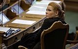 Denmark's Minister of Integration from the Liberal Party Inger Stoejberg sits in Parliament, in Copenhagen on Tuesday Jan. 26, 2016. (Peter Hove Olesen/ POLFOTO via AP)