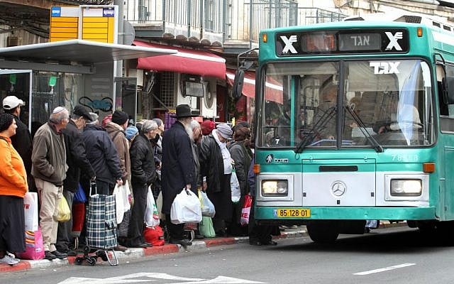 Illustrative: Israelis waiting to board an Egged bus in the center of Jerusalem, January 17, 2012. (Miriam Alster/ Flash90) Illustrative: Israelis waiting to board an Egged bus in the center of Jerusalem, January 17, 2012. (Miriam Alster/ Flash90)