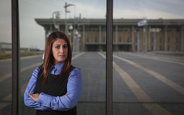 Illustrative: Portrait of Ruth Colian, head of the ultra-Orthodox female political party, UBizchutan: Haredi Women Making Change in front of the Knesset buildings in Jerusalem, on January 25, 2015. (Hadas Parush/Flash90)