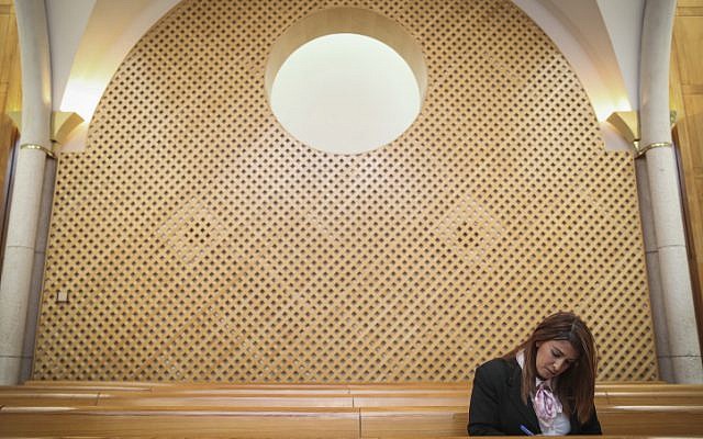 Leader of the ultra-Orthodox women's party, U'Bizchutan, Ruth Colian, seen in the courtroom to present a petition for disqualifying Arab MK Hanin Zoabi, from running in the upcoming Knesset elections, at the Jerusalem Supreme Court, February 11, 2015. (Hadas Parush/Flash90)