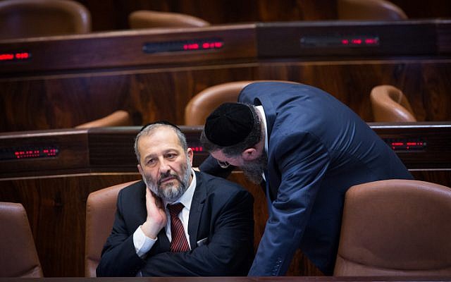 Shas party leader Aryeh Deri in the Knesset on December 30, 2015. (Miriam Alster/Flash90)