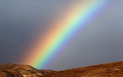 A rainbow is seen after heavy rain in the Judean Desert, on January 1, 2016. (Yossi Zamir/Flash90)