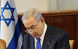 Prime Minister Benjamin Netanyahu attends the weekly cabinet meeting at the Prime Minister's Office in Jerusalem, on Sunday, January 10, 2016 (Alex Kolomoisky/POOL)