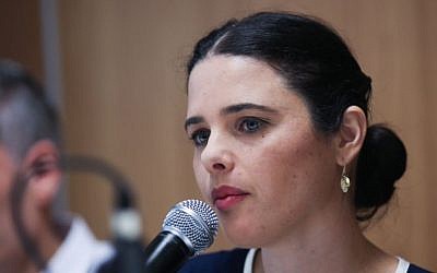 File: Justice Ayelet Shaked speaks at a press in Tel Aviv on January 11, 2016. (Flash90)