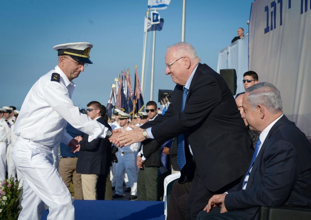 Prime Minister Benjamin Netanyahu and President Reuven Rivlin seen at a welcoming ceremony for the new submarine 'Rahav' at the Israeli navy base in Haifa, on January 12, 2016. (Mark Neyman/GPO) Prime Minister Benjamin Netanyahu and President Reuven Rivlin seen at a welcoming ceremony for the new submarine 'Rahav' at the Israeli navy base in Haifa, on January 12, 2016. (Mark Neyman/GPO)