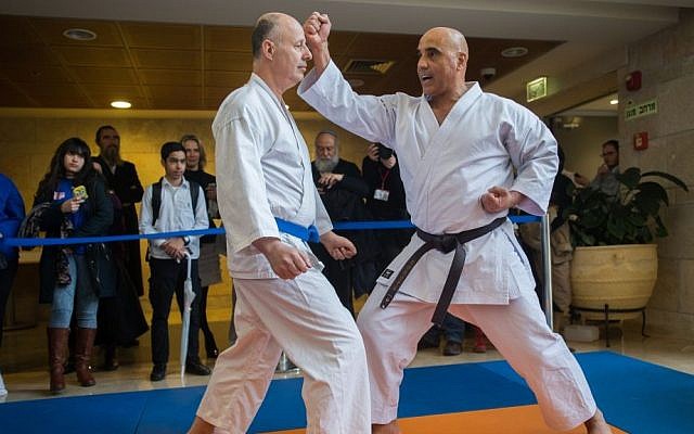 MKs Hamad Amar (R) and Tzachi Hanegbi stage a karate contest at the Knesset's 50th anniversary celebrations, January 19, 2016. (Yonatan Sindel/Flash90)