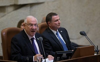 President Reuven Rivlin (L) addresses the Israeli parliament during a special plenum session marking the 50th birthday of the Knesset on January 19, 2016. (Yonatan Sindel/Flash90)