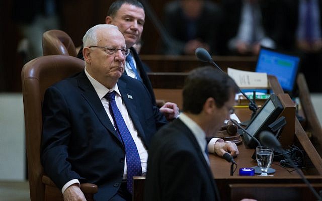 Knesset Speaker Yuli Edelstein (top), President Reuven Rivlin (center) and opposition leader Isaac Herzog attend a special anniversary session of parliament, on January 19, 2016. (Photo by Yonatan Sindel/Flash90) 
