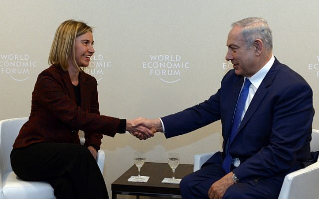 Prime Minister Benjamin Netanyahu meets with EU foreign policy chief Federica Mogherini at the World Economic Forum in Davos, Switzerland, January 21, 2016. (Haim Zach/GPO) Prime Minister Benjamin Netanyahu meets with EU foreign policy chief Federica Mogherini at the World Economic Forum in Davos, Switzerland, January 21, 2016. (Haim Zach/GPO)