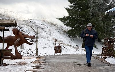 A man walks in the snow in the Golan Heights in northern Israel on January 25, 2016, as a major winter storm hits the country. (Photo by Basel Awidat/Flash90)