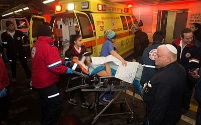 Medics wheel a wounded Israeli woman into the emergency room of the Shaare Zedek Medical Center on January 25, 2016. She was one of two Israeli women injured in a stabbing attack at the entrance to Beit Horon, in the West Bank. (Yonatan Sindel/Flash90) Medics wheel a wounded Israeli woman into the emergency room of the Shaare Zedek Medical Center on January 25, 2016. She was one of two Israeli women injured in a stabbing attack at the entrance to Beit Horon, in the West Bank. (Yonatan Sindel/Flash90)