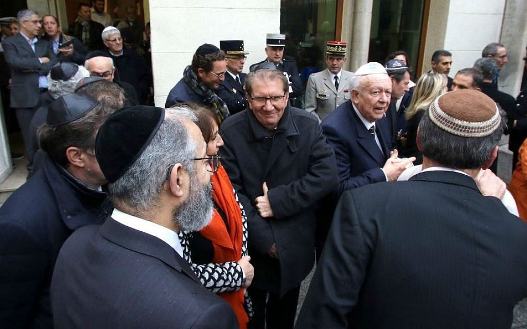 Jewish leaders gather outside a Marseille synagogue during a visit from French Interior Minister Bernard Cazeneuve, January 14, 2016. (AP/Claude Paris) Jewish leaders gather outside a Marseille synagogue during a visit from French Interior Minister Bernard Cazeneuve, January 14, 2016. (AP/Claude Paris)