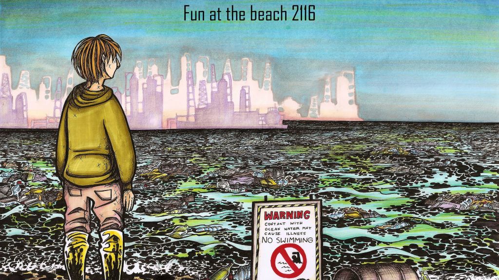 Yosepha Yaacobowitz's cartoon, 'Fun at the Beach,' which won second place in a student cartoon competition on the anniversary of the Charlie Hebdo terrorist attack in Paris that killed six (Courtesy Jerusalem Press Club)