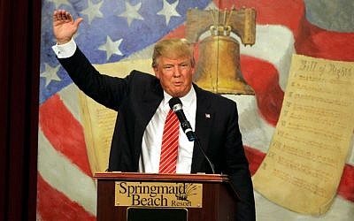 Republican presidential candidate Donald Trump speaks at the South Carolina Tea Party Convention,  at the Springmaid Beach Resort in Myrtle Beach, South Carolina, January 16, 2016. (AP/Willis Glassgow)