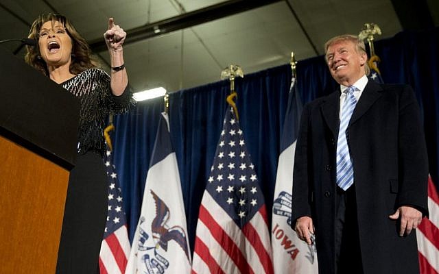 Former Alaska Gov. Sarah Palin, left, endorses Republican presidential candidate Donald Trump during a rally at the Iowa State University, Tuesday, Jan. 19, 2016, in Ames, Iowa. (AP Photo/Mary Altaffer) Former Alaska Gov. Sarah Palin, left, endorses Republican presidential candidate Donald Trump during a rally at the Iowa State University, Tuesday, Jan. 19, 2016, in Ames, Iowa. (AP Photo/Mary Altaffer)