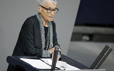 Holocaust survivor Ruth Klueger, delivers a speech at a commemoration ceremony at the German Parliament, Bundestag, in Berlin, Germany, during the International Holocaust Remembrance Day. Wednesday, Jan. 27, 2016. (AP Photo/Michael Sohn)