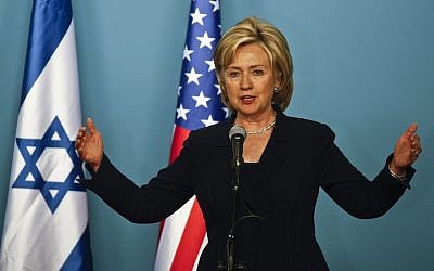 US Secretary of State Hillary Rodham Clinton speaks to the media during during a press conference with Israeli Prime Minister Benjamin Netanyahu in Jerusalem. Saturday, October 31. 2009.(AP Photo/Dan Balilty)