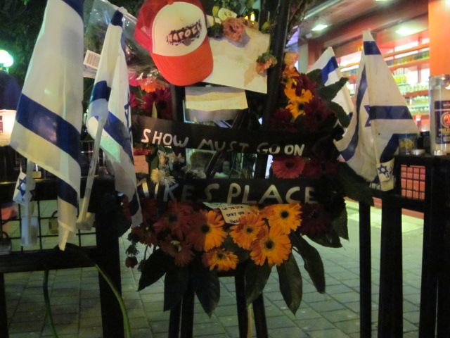 Local bars and pubs rallied together following the attack, sending wreaths and participating in the municipality's 1+1 deal on Monday night (Eliana Block/Times of Israel)