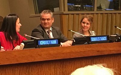 Left to right: Kimberly Mann, Chief Education Outreach Section, United Nations; Szabolcs Takacs, Chair of the International Holocaust Remembrance Alliance; and Cecillie Felicia Stokholm Banke, Senior Researcher at the Danish Institute for International Studies. (Cathryn J. Prince)