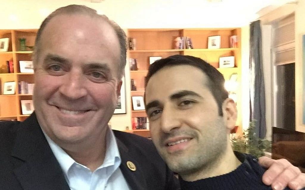 US Rep. Dan Kildee meets with former Iran prisoner Amir Hekmati at Landstuhl Regional Medical Center in Landstuhl, Germany, January 18, 2016. (Courtesy of the Hekmati Family via AP)