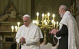 Pope Francis flanked by Rabbi Riccardo Di Segni (right), during his visit to the Great Synagogue of Rome, January 17, 2016. (AP/Alessandra Tarantino)