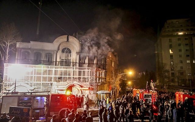 Smoke rises as Iranian protesters upset over the execution of a Shiite cleric in Saudi Arabia set fire to the Saudi embassy in Tehran, Sunday, January 3, 2016. (Mohammadreza Nadimi/ISNA via AP) Smoke rises as Iranian protesters upset over the execution of a Shiite cleric in Saudi Arabia set fire to the Saudi embassy in Tehran, Sunday, January 3, 2016. (Mohammadreza Nadimi/ISNA via AP)