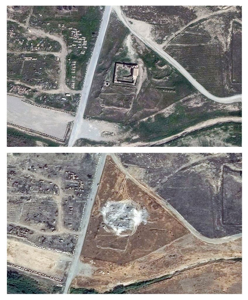 This combination of two satellite images provided by DigitalGlobe, taken on March 31, 2011, top, and Sept. 28, 2014, shows the site of the 1,400-year-old Christian monastery known as St. Elijah’s, or Dair Mar Elia, on the outskirts of Mosul, Iraq. (DigitalGlobe via AP) This combination of two satellite images provided by DigitalGlobe, taken on March 31, 2011, top, and Sept. 28, 2014, shows the site of the 1,400-year-old Christian monastery known as St. Elijah’s, or Dair Mar Elia, on the outskirts of Mosul, Iraq. (DigitalGlobe via AP)