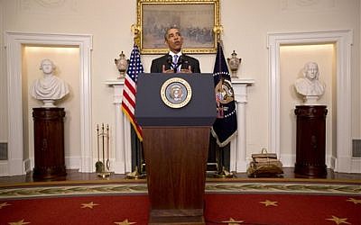 US President Barack Obama speaks about the release of Americans by Iran in the Cabinet Room of the White House in Washington,  January 17, 2016. (AP/Jacquelyn Martin)
