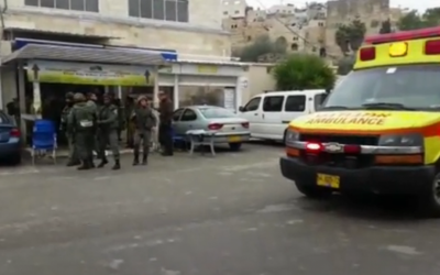 Scene of the shooting attack, in which one woman was moderately injured, near the Tomb of the Patriarchs in Hebron on January 3, 2016. (Screen capture)