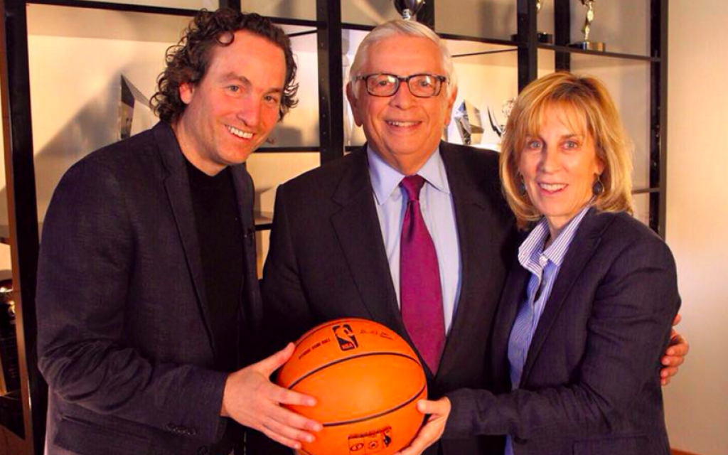 Nancy Spielberg (right) with former NBA commissioner David Stern and filmmaker Danny Menkin pose for one of her latest films, "On the Map," about the 1977 basketball playoff between Israel and Russia (Courtesy Nancy Spielberg) Nancy Spielberg (right) with former NBA commissioner David Stern and filmmaker Danny Menkin pose for one of her latest films, "On the Map," about the 1977 basketball playoff between Israel and Russia (Courtesy Nancy Spielberg)