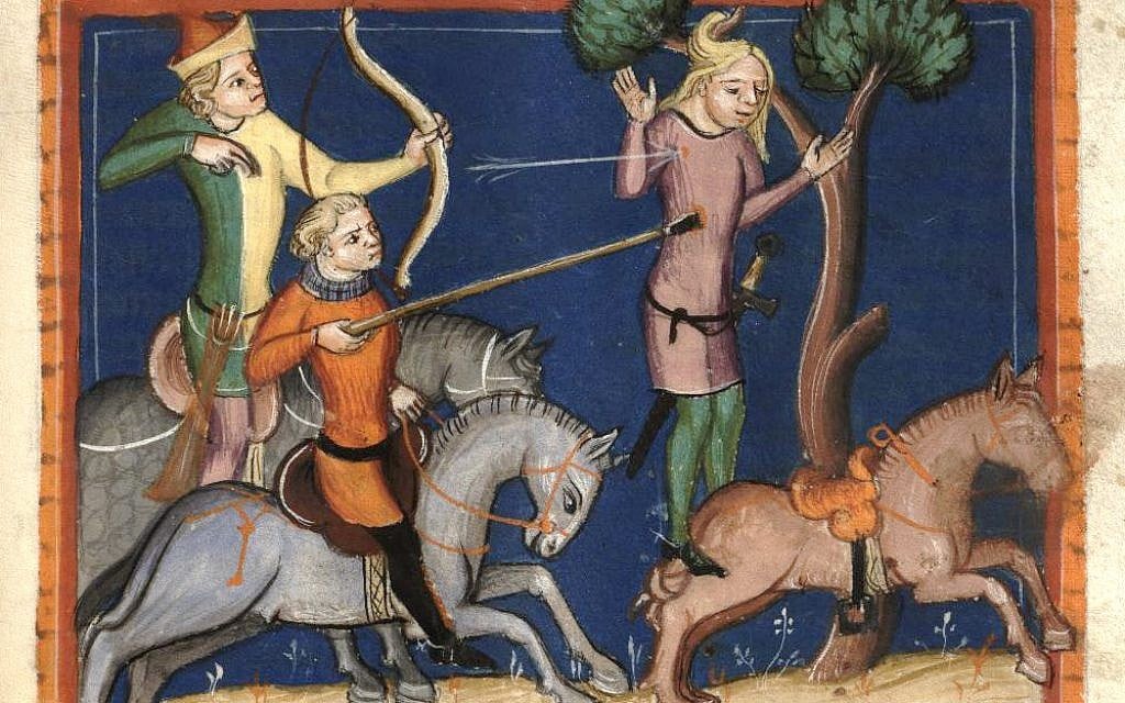 The death of Absalom, hanging from a tree by his hair. 14th-century German miniature (Wikipedia)