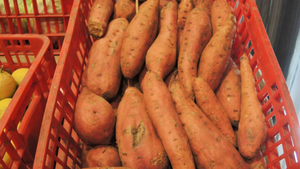 "Rescued" sweet potatoes that have cosmetic issues, meaning they would not have made it to supermarket shelves. (Melanie Lidman/Times of Israel)