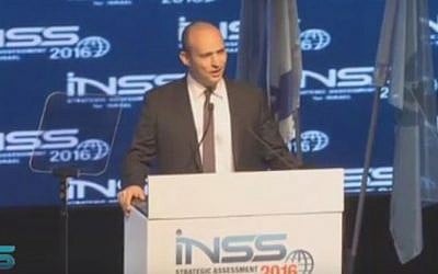 Naftali Bennett speaking at the INSS Conference in Tel Aviv, January 19, 2015. (screen capture: YouTube)