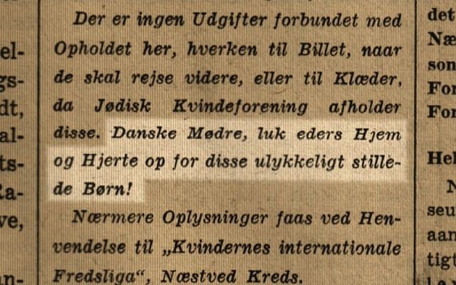Advertisement in Danish newspaper in 1939: 'Danish mothers, open your hearts and homes to these unfortunate children!' (Courtesy)