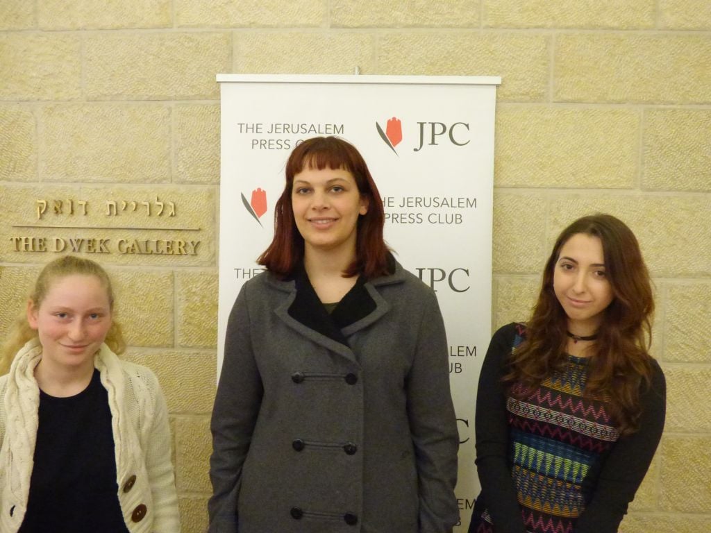The three winners of the cartoon contest, Hava Herman (left), Yosepha Yaakobowitz and Amit Katz (Eliana Block/Times of Israel)