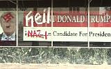 A Donald Trump campaign poster on a Florida building owned by a Jewish woman was defaced to make the front-running GOP candidate look like Adolf Hitler on January 4, 2016. (screen capture: News4Jax)