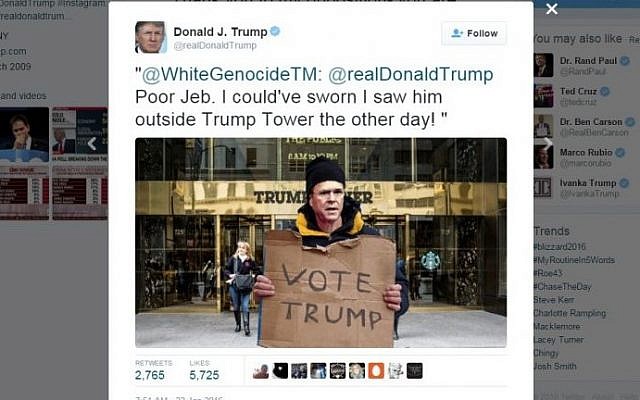 GOP front runner Donald Trump retweets a post mocking GOP candidate Jeb Bush from an account called 'White Genocide,' which gives its location as 'Jewmerica,' on January 22, 2016. (screen capture: Twitter) GOP front runner Donald Trump retweets a post mocking GOP candidate Jeb Bush from an account called 'White Genocide,' which gives its location as 'Jewmerica,' on January 22, 2016. (screen capture: Twitter)