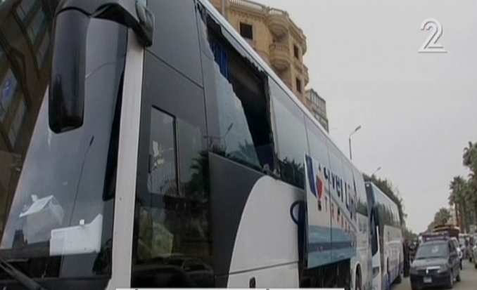 A bus used by Arab Israelis tourists shows signs of an attack in Cairo on January 7, 2016 (screen capture: Channel 2) A bus used by Arab Israelis tourists shows signs of an attack in Cairo on January 7, 2016 (screen capture: Channel 2)