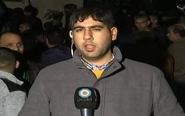 A reporter for Hamas's Al-Quds network broadcasts from Arara, inside Israel, during a special news edition on the killing of gunman Nashat Milhem. (Screen capture: Channel 10)