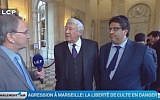 French MPs Meyer Habib (right) and Claude Goasguen wear kippas in parliament, January 2016, in solidarity with French Jews (YouTube screenshot)