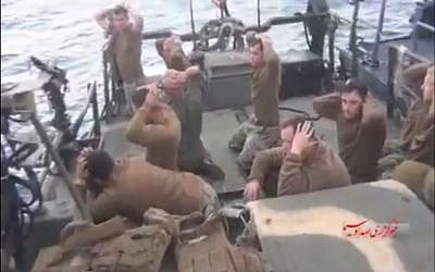 US soldiers being detained by Iranian forces, in a video released on January 13, 2016 (screen capture: Twitter)