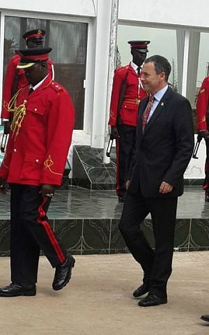 Israel's ambassador to Gambia Paul Hirschson inspects an honor guard in Gambia's capital Banjul, January 12, 2016. (Courtesy Israel Embassy, Dakar) Israel's ambassador to Gambia Paul Hirschson inspects an honor guard in Gambia's capital Banjul, January 12, 2016. (Courtesy Israel Embassy, Dakar)