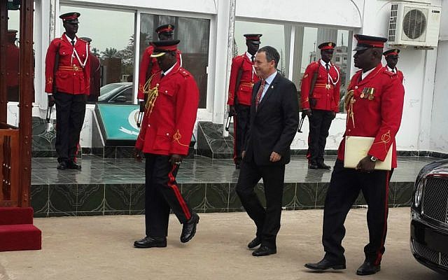 Israel's ambassador to Gambia Paul Hirschson inspects an honor guard in Gambia's capital Banjul, January 12, 2016. (Courtesy Israel Embassy, Dakar)