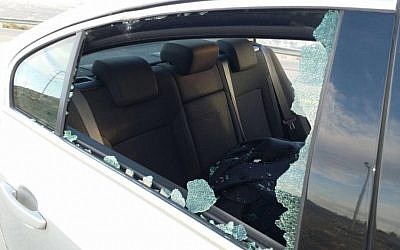 Yesh Atid MK Haim Jelin's car, hit in a stone-throwing attack (Courtesy)